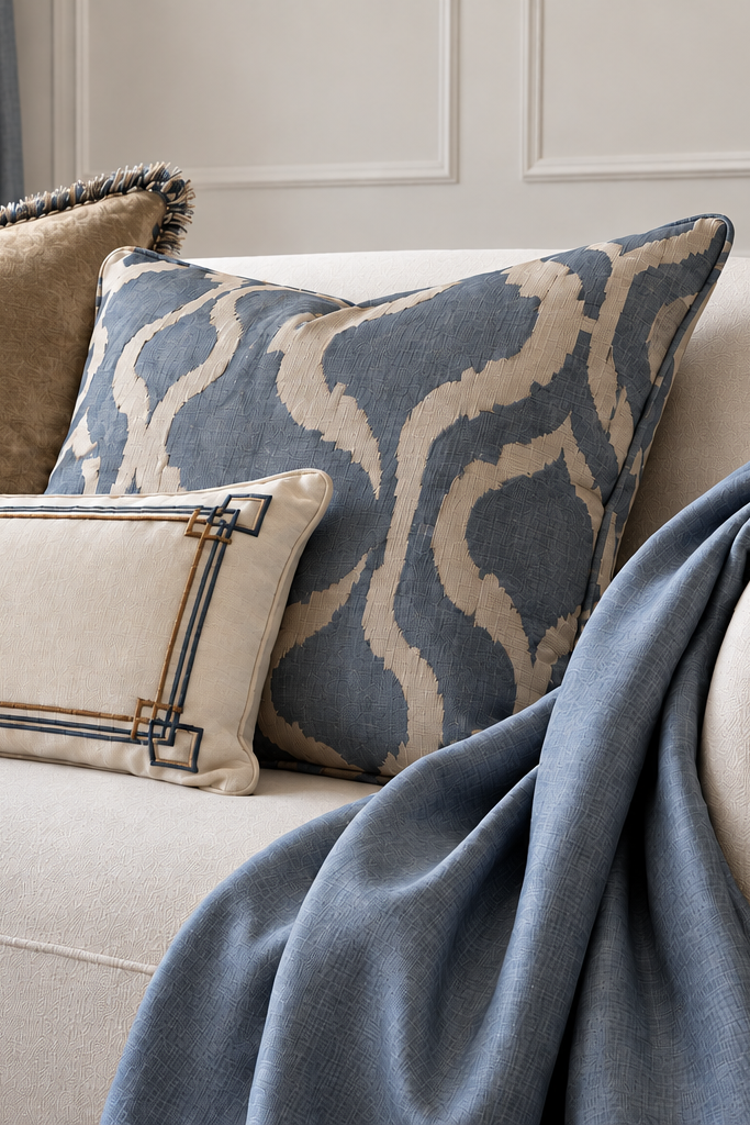 Restored salon interior with elegant velvet cushions cropped