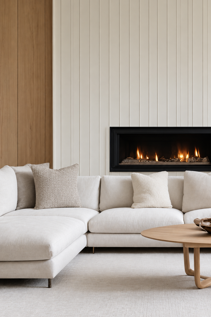 Restored living room with fireplace and oak wall