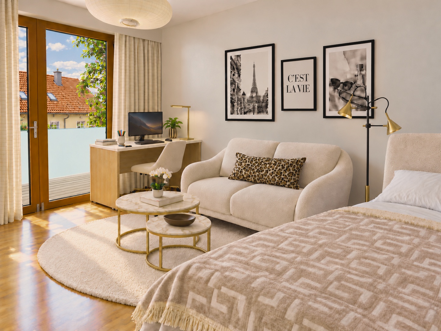 KI-gestützte Visualisierung eines Jugendzimmers mit gepolstertem Bett, kleinem Sofa, Schreibtisch am Fenster und ovalem Cremeteppich.