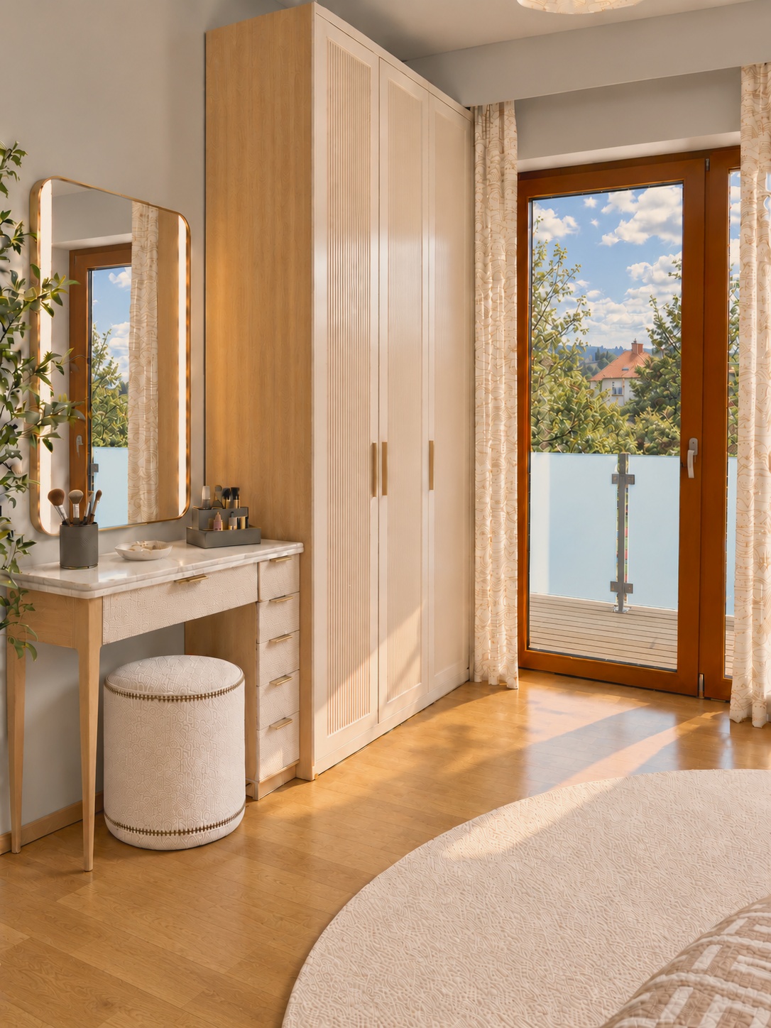 KI-gestützte Visualisierung des Jugendzimmers mit Schminktisch, beleuchtetem Spiegel, Hocker und Kleiderschrank in hellen Farbtönen.